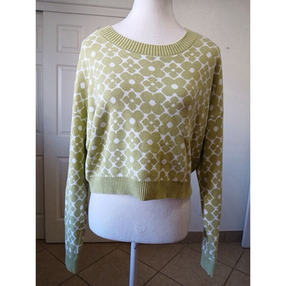 Hollister Women’s M Green White Floral Cropped Sweater Cotton Knit Casual - Picture 2 of 15